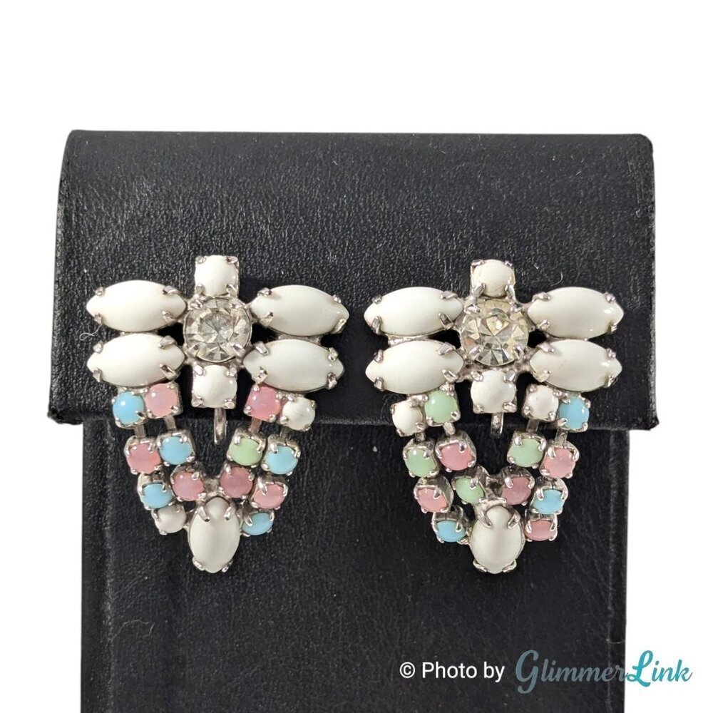 Vintage Milk Glass Pastel Rhinestone Silver Tone Screw Back Earrings